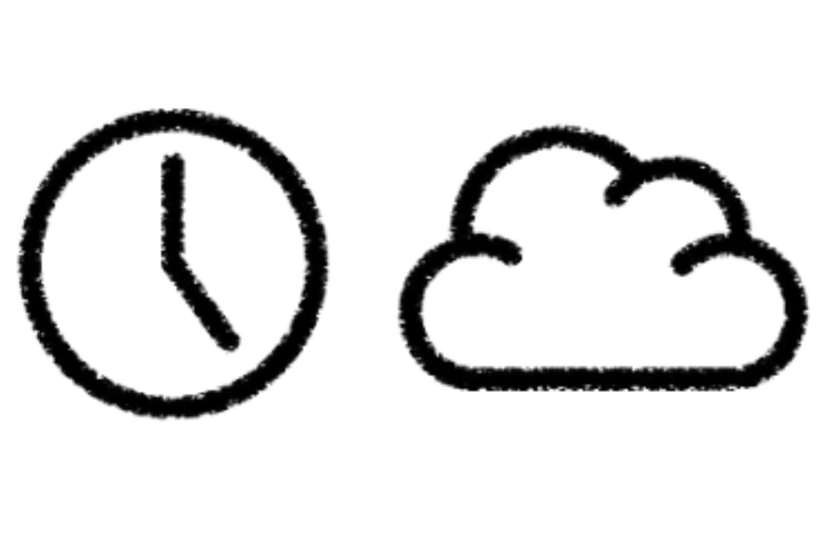 Simple black-and-white sketch of a clock next to a cloud.